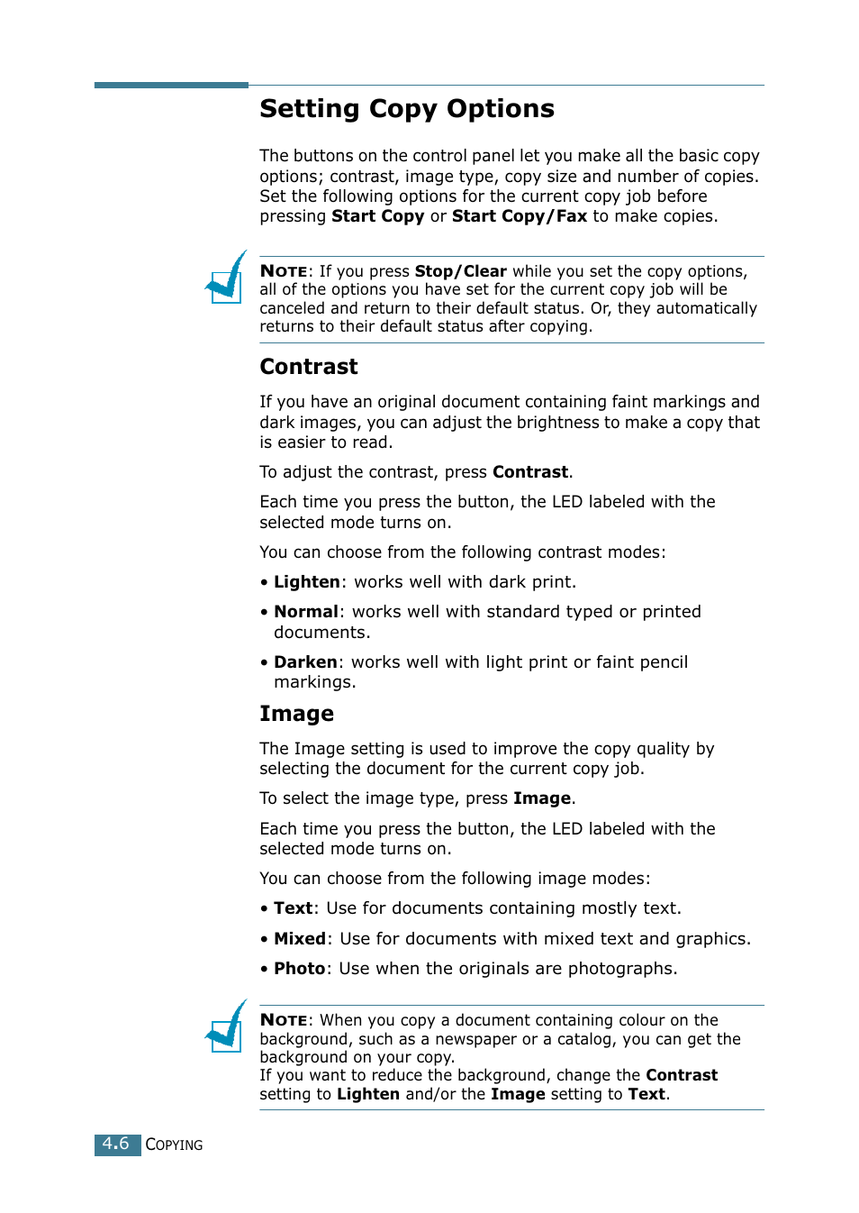 Setting copy options, Contrast, Image | Samsung SCX-4216F User Manual | Page 69 / 225