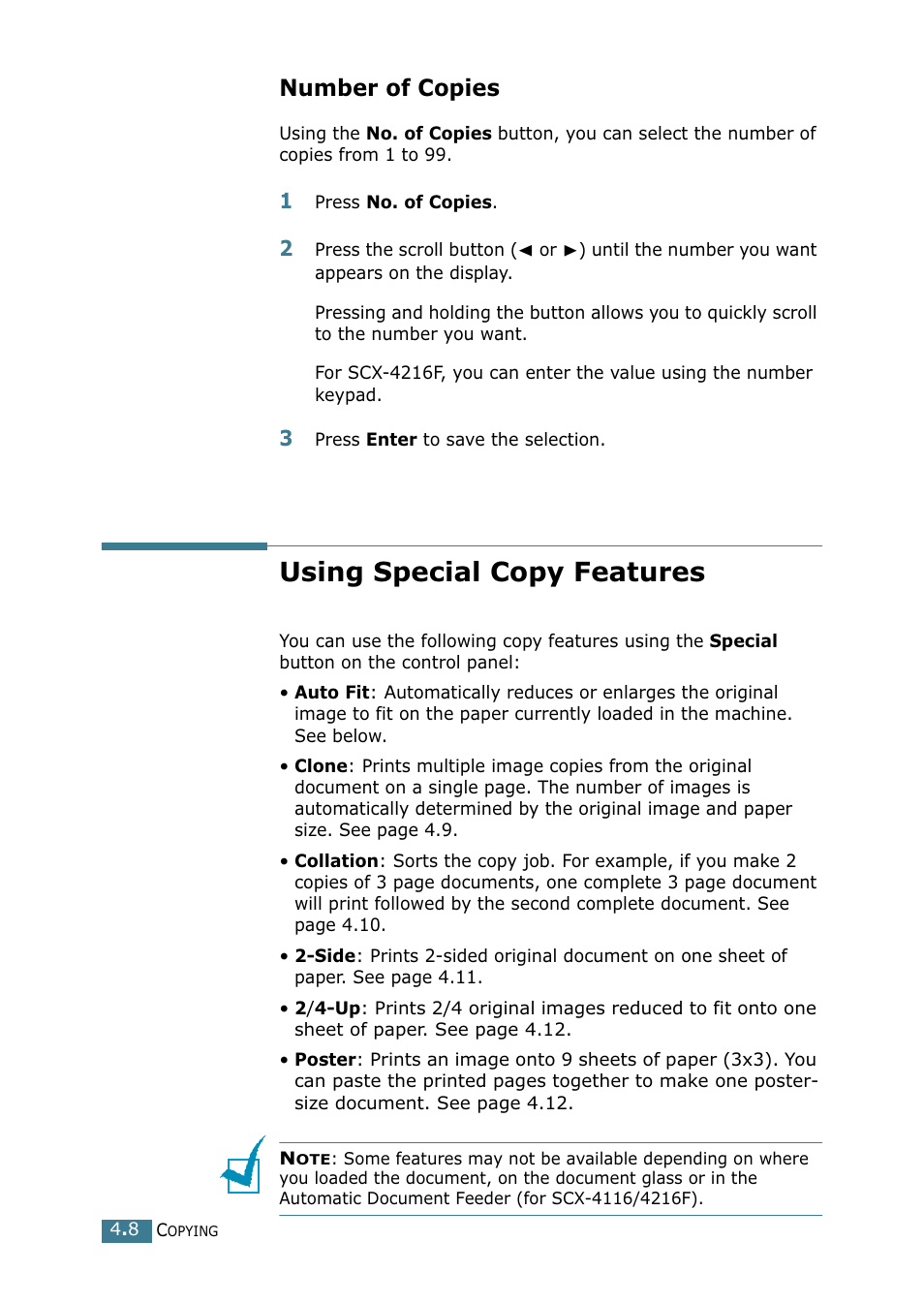 Number of copies, Using special copy features | Samsung SCX-4216F User Manual | Page 71 / 225