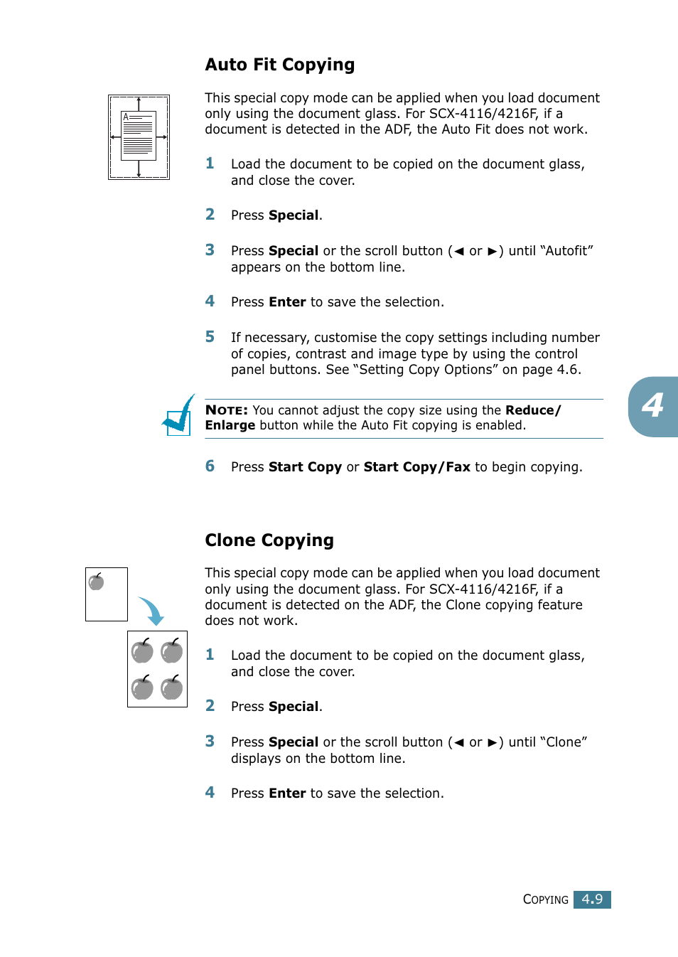 Auto fit copying, Clone copying | Samsung SCX-4216F User Manual | Page 72 / 225
