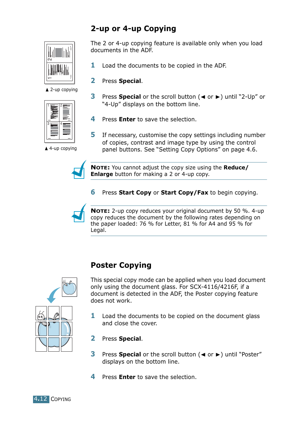 Up or 4-up copying, Poster copying | Samsung SCX-4216F User Manual | Page 75 / 225