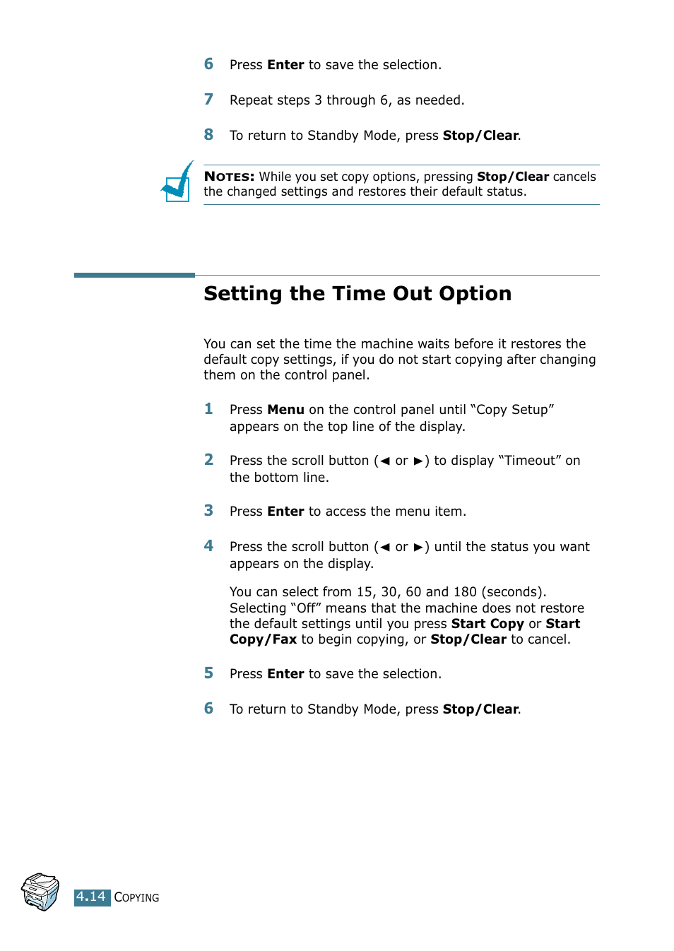 Setting the time out option | Samsung SCX-4216F User Manual | Page 77 / 225