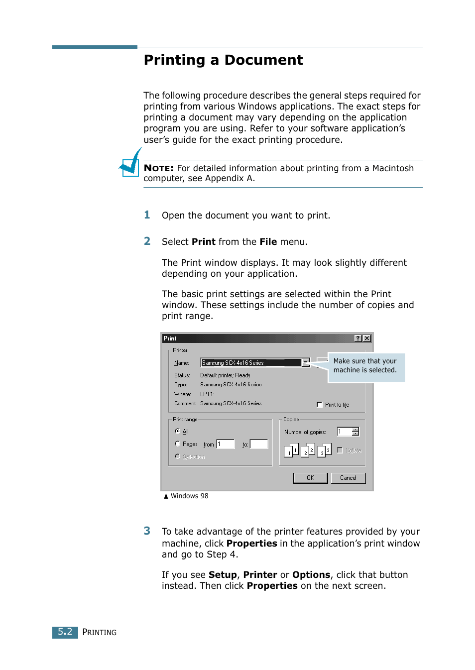 Printing a document | Samsung SCX-4216F User Manual | Page 79 / 225