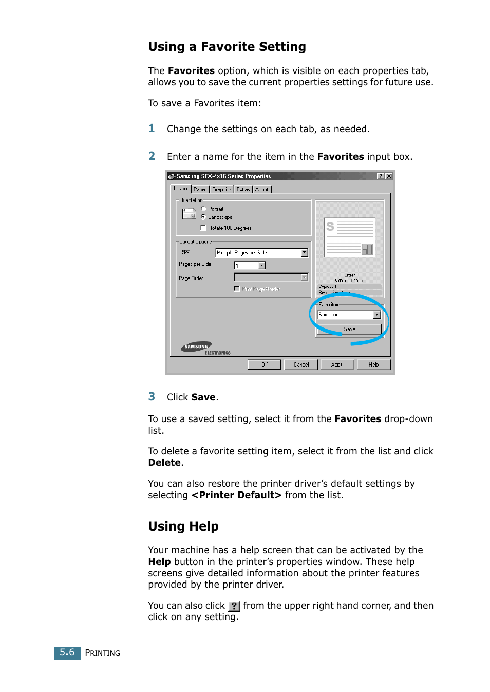 Using a favorite setting, Using help | Samsung SCX-4216F User Manual | Page 83 / 225