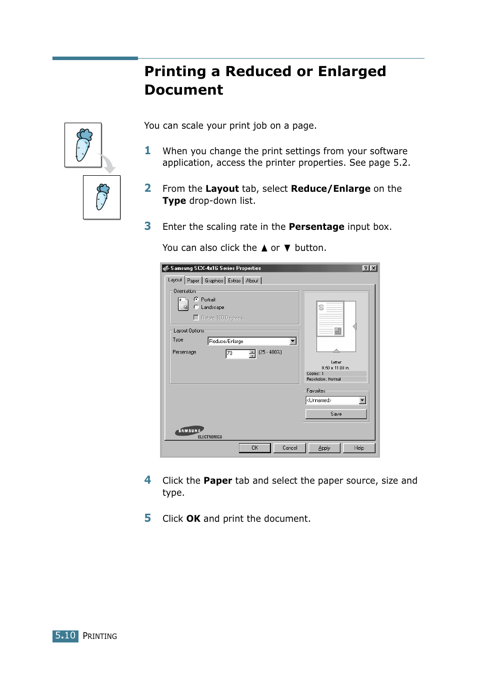 Printing a reduced or enlarged document | Samsung SCX-4216F User Manual | Page 87 / 225