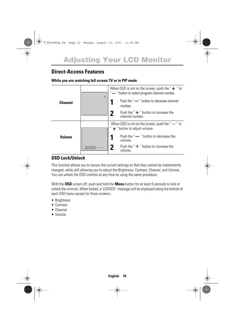Adjusting your lcd monitor, Direct-access features | Samsung 240MP User Manual | Page 12 / 39