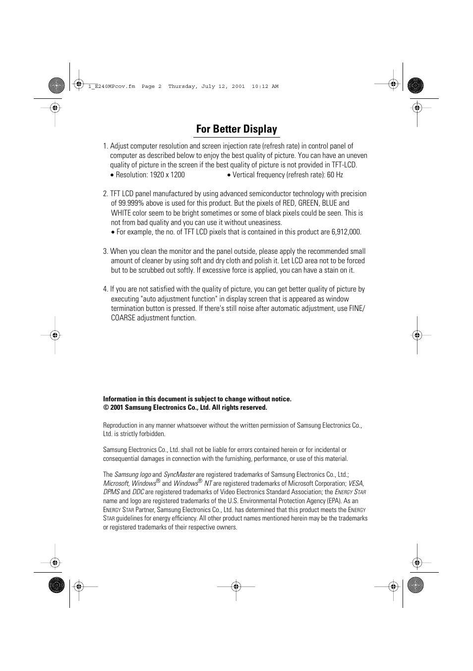 For better display | Samsung 240MP User Manual | Page 2 / 39