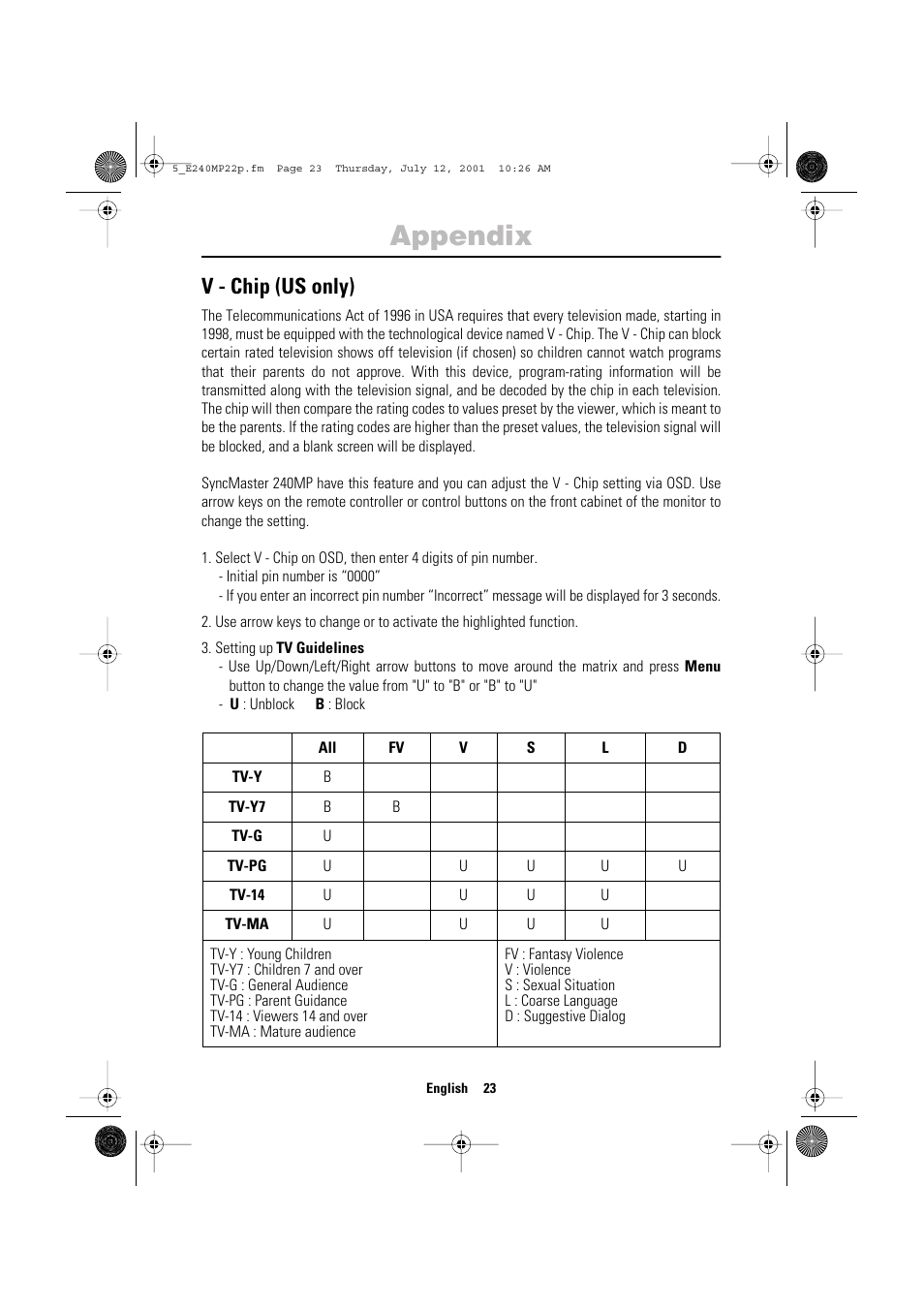 Appendix, V - chip (us only) | Samsung 240MP User Manual | Page 25 / 39