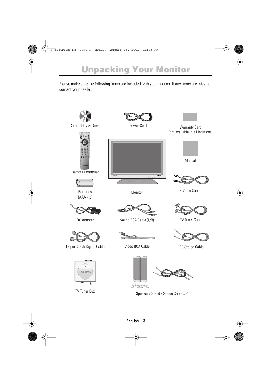 Unpacking your monitor | Samsung 240MP User Manual | Page 5 / 39
