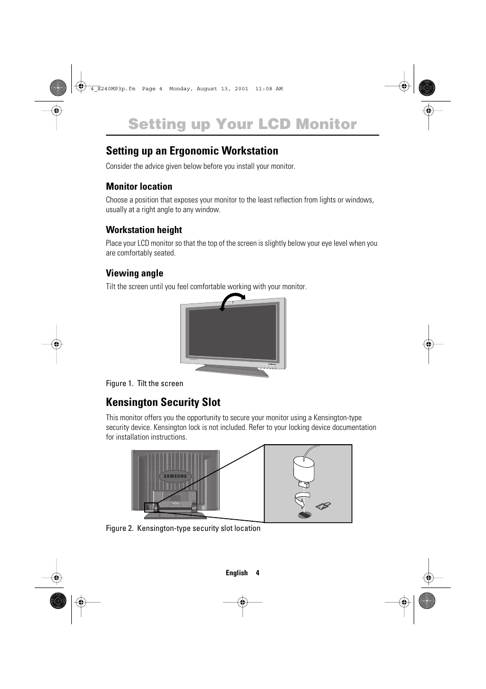 Setting up your lcd monitor, Setting up an ergonomic workstation, Kensington security slot | Samsung 240MP User Manual | Page 6 / 39