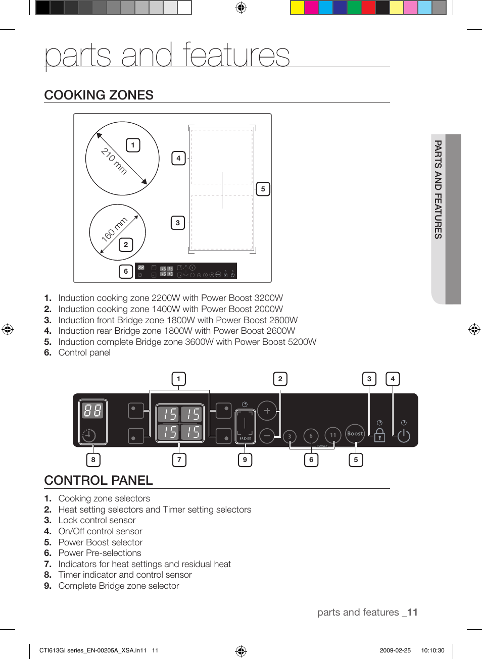 Parts and features, Cooking zones, Control panel | Samsung CTI613GI User Manual | Page 11 / 28