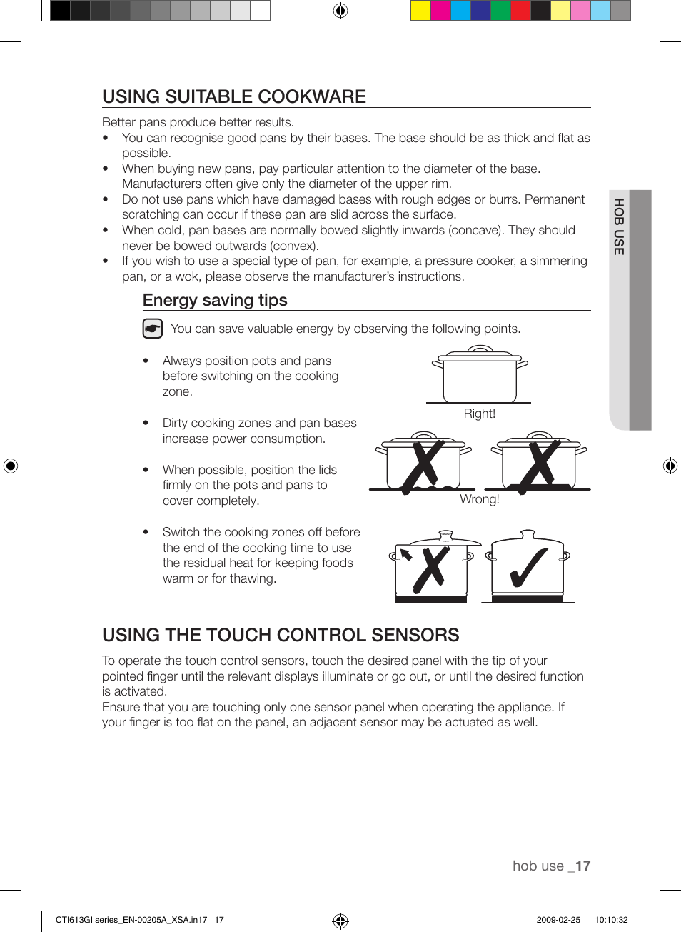 Using suitable cookware, Using the touch control sensors, Energy saving tips | Samsung CTI613GI User Manual | Page 17 / 28