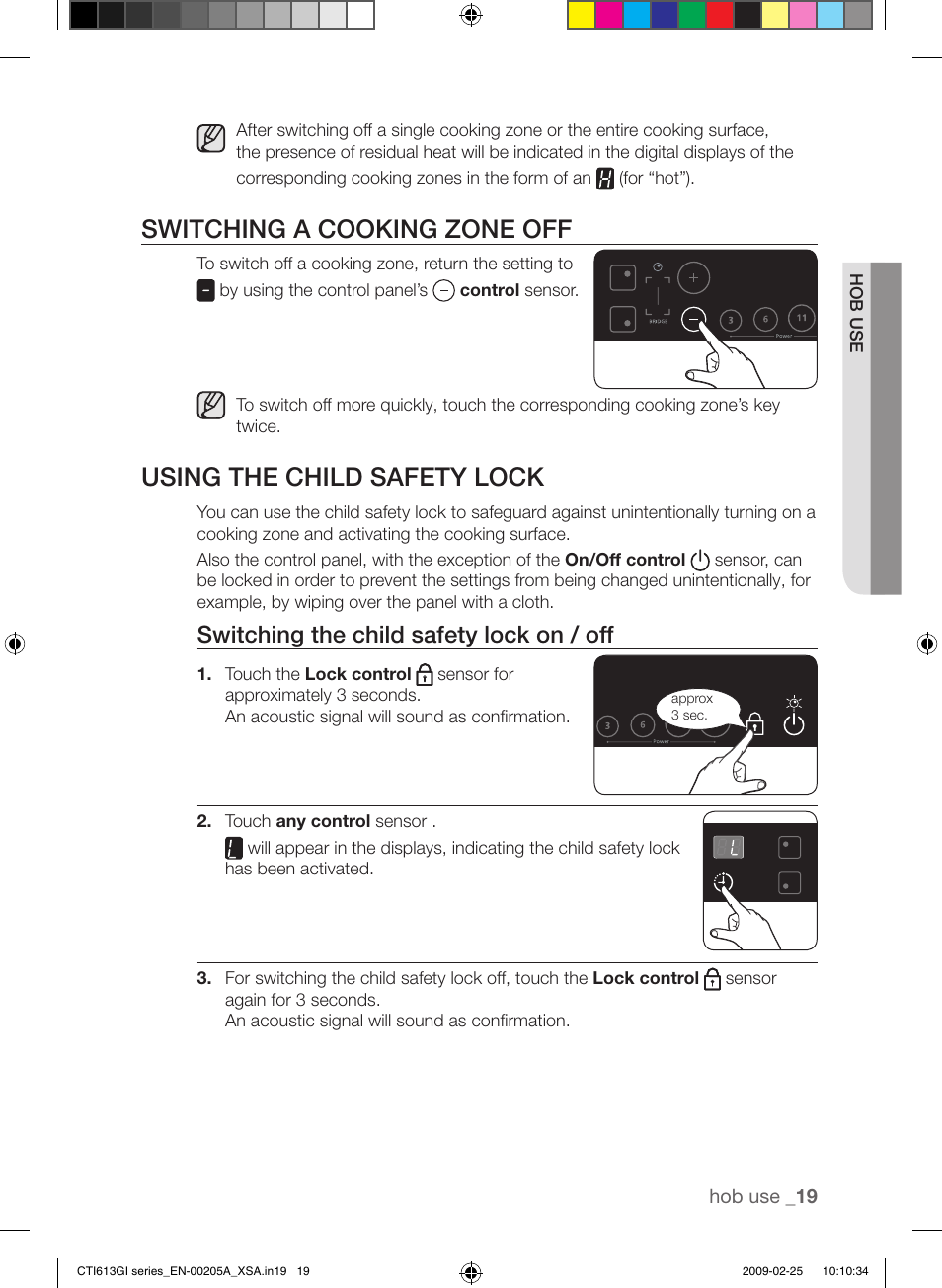Switching a cooking zone off, Using the child safety lock, Switching the child safety lock on / off | Samsung CTI613GI User Manual | Page 19 / 28