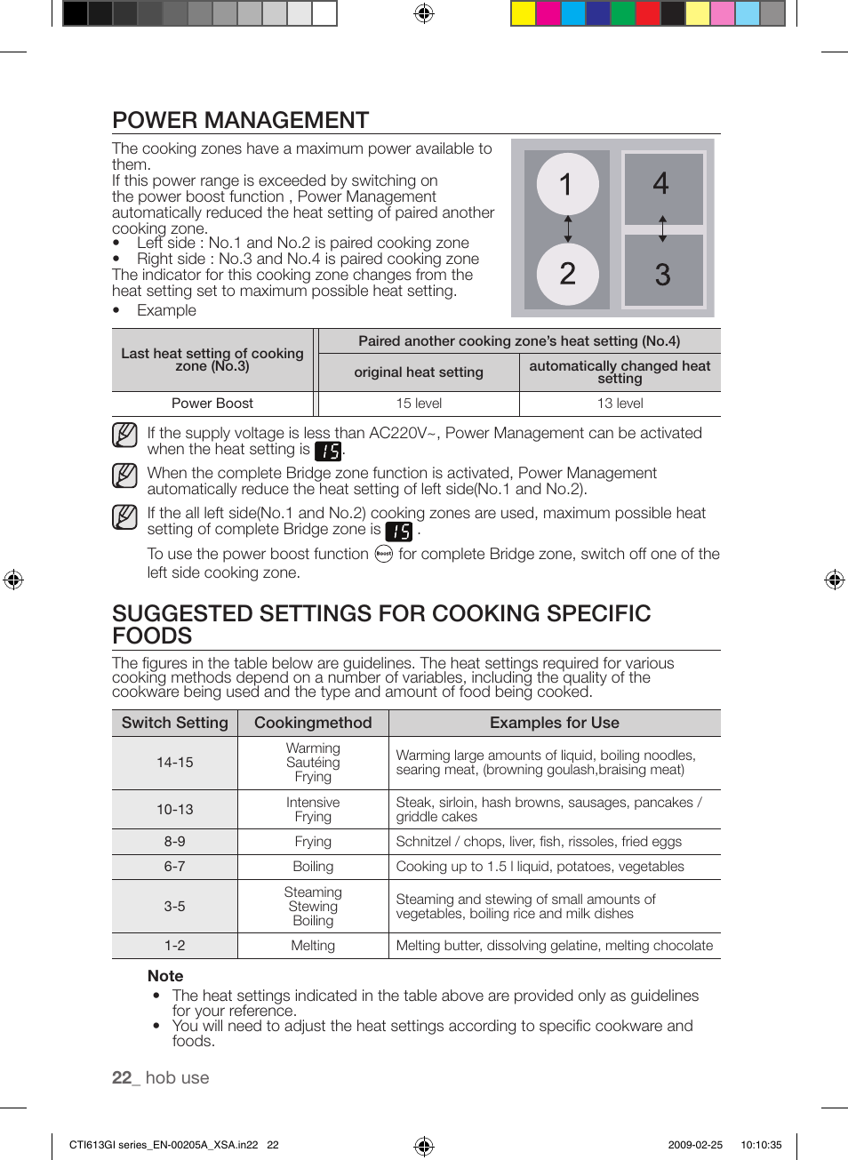 Power management, Suggested settings for cooking specific foods | Samsung CTI613GI User Manual | Page 22 / 28