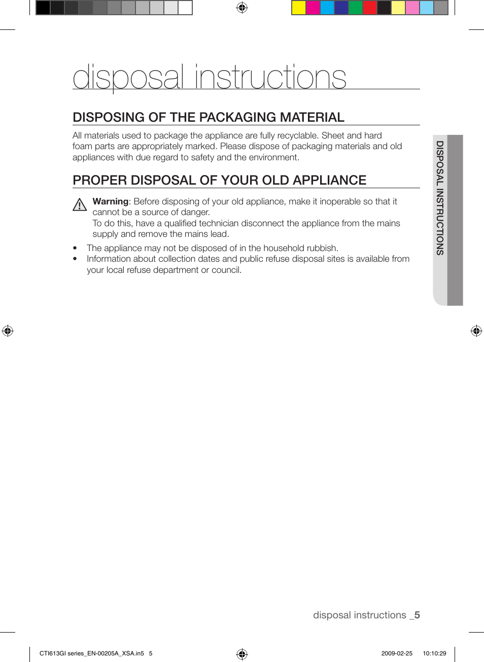 Disposal instructions, Disposing of the packaging material, Proper disposal of your old appliance | Samsung CTI613GI User Manual | Page 5 / 28