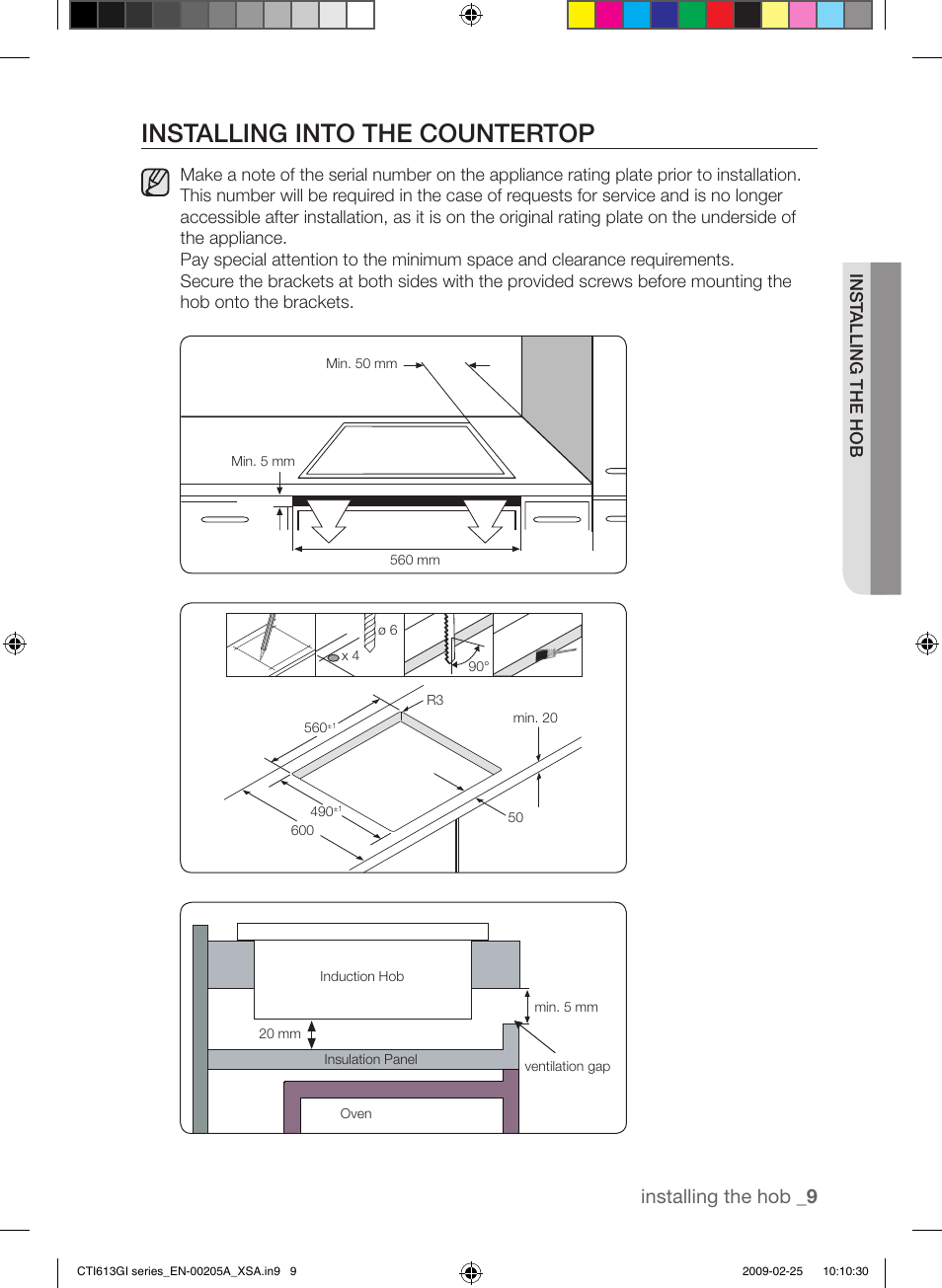 Installing into the countertop, Installing the hob | Samsung CTI613GI User Manual | Page 9 / 28