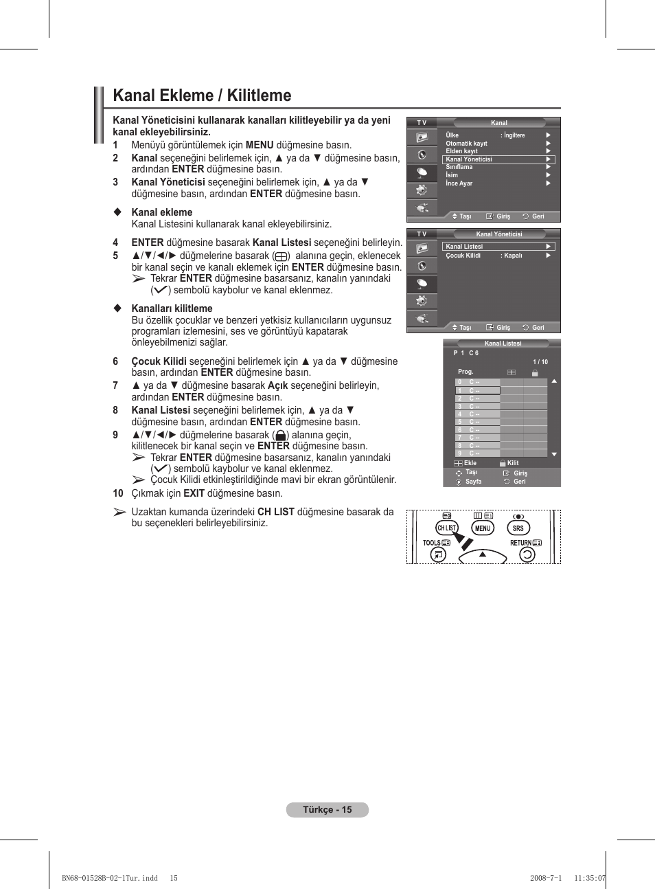 Kanal ekleme / kilitleme | Samsung BN68-01528B-02 User Manual | Page 102 / 427