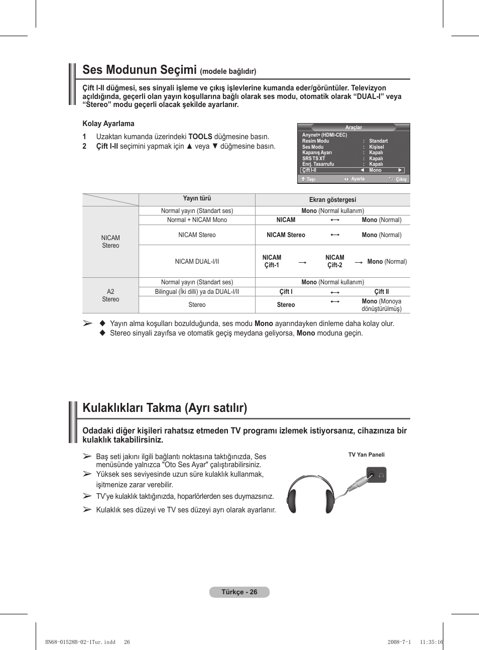 Ses modunun seçimi, Kulaklıkları takma (ayrı satılır) | Samsung BN68-01528B-02 User Manual | Page 113 / 427