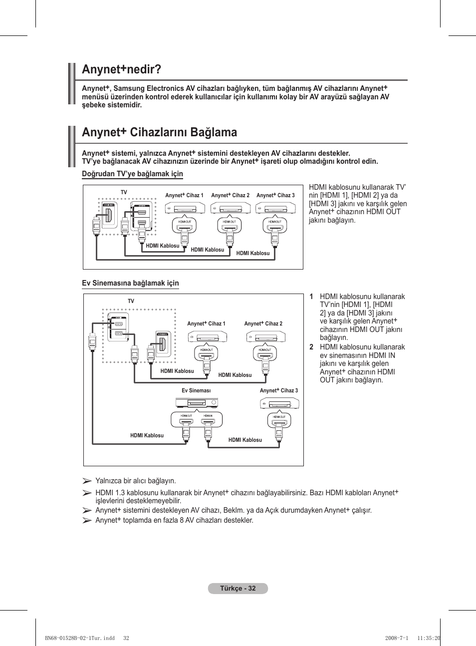 Anynet+nedir, Anynet+ cihazlarını bağlama | Samsung BN68-01528B-02 User Manual | Page 119 / 427