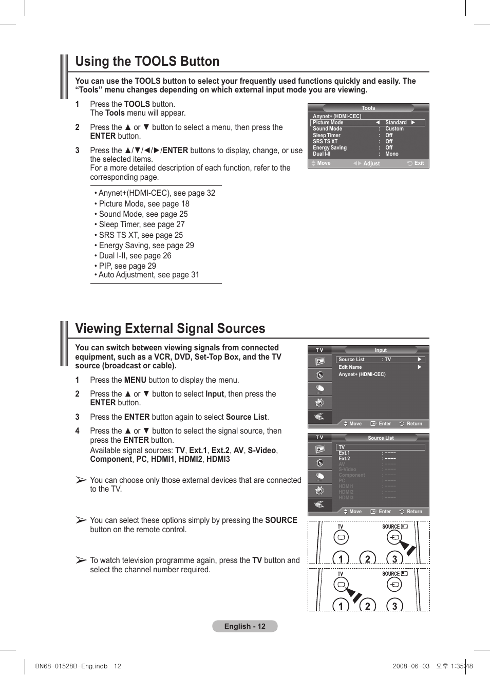 Using the tools button, Viewing external signal sources | Samsung BN68-01528B-02 User Manual | Page 12 / 427
