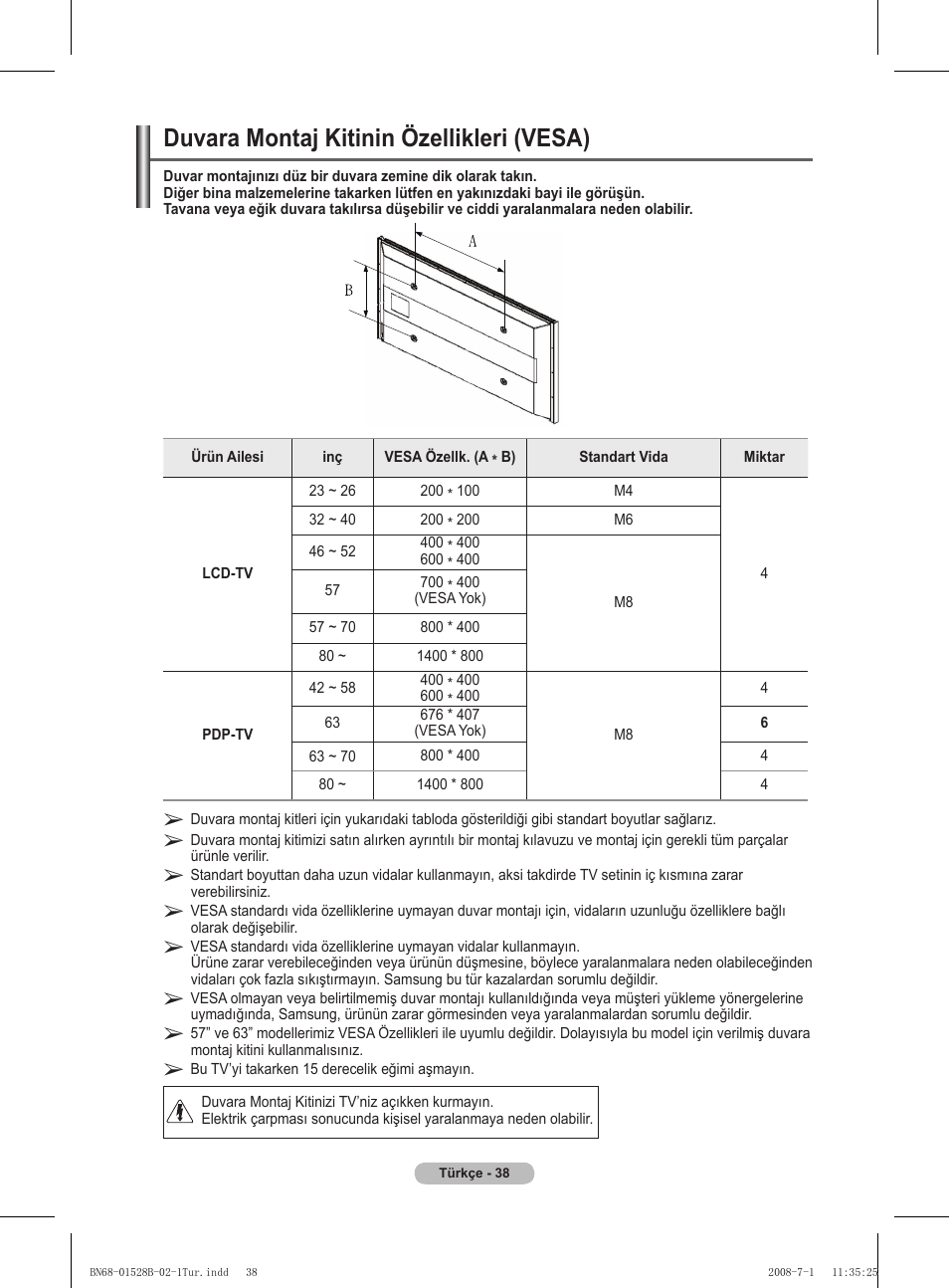 Duvara montaj kitinin özellikleri (vesa) | Samsung BN68-01528B-02 User Manual | Page 125 / 427