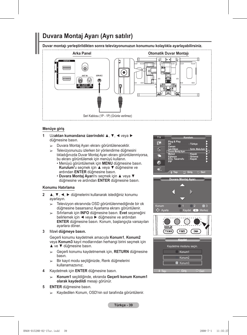 Duvara montaj ayarı (ayrı satılır) | Samsung BN68-01528B-02 User Manual | Page 126 / 427