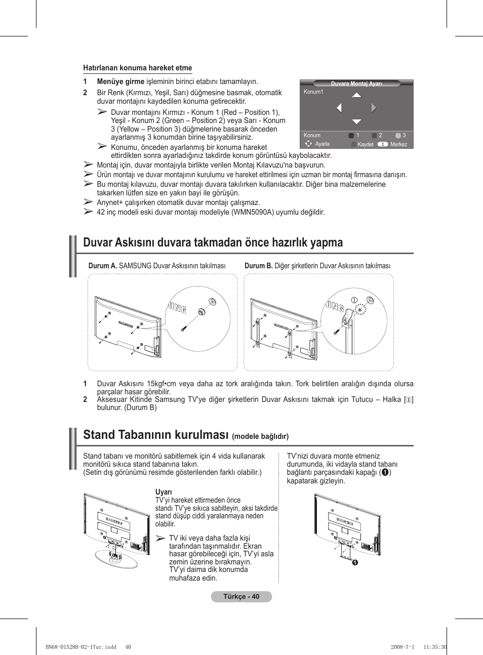 Stand tabanının kurulması, Duvar askısını duvara takmadan önce hazırlık yapma | Samsung BN68-01528B-02 User Manual | Page 127 / 427