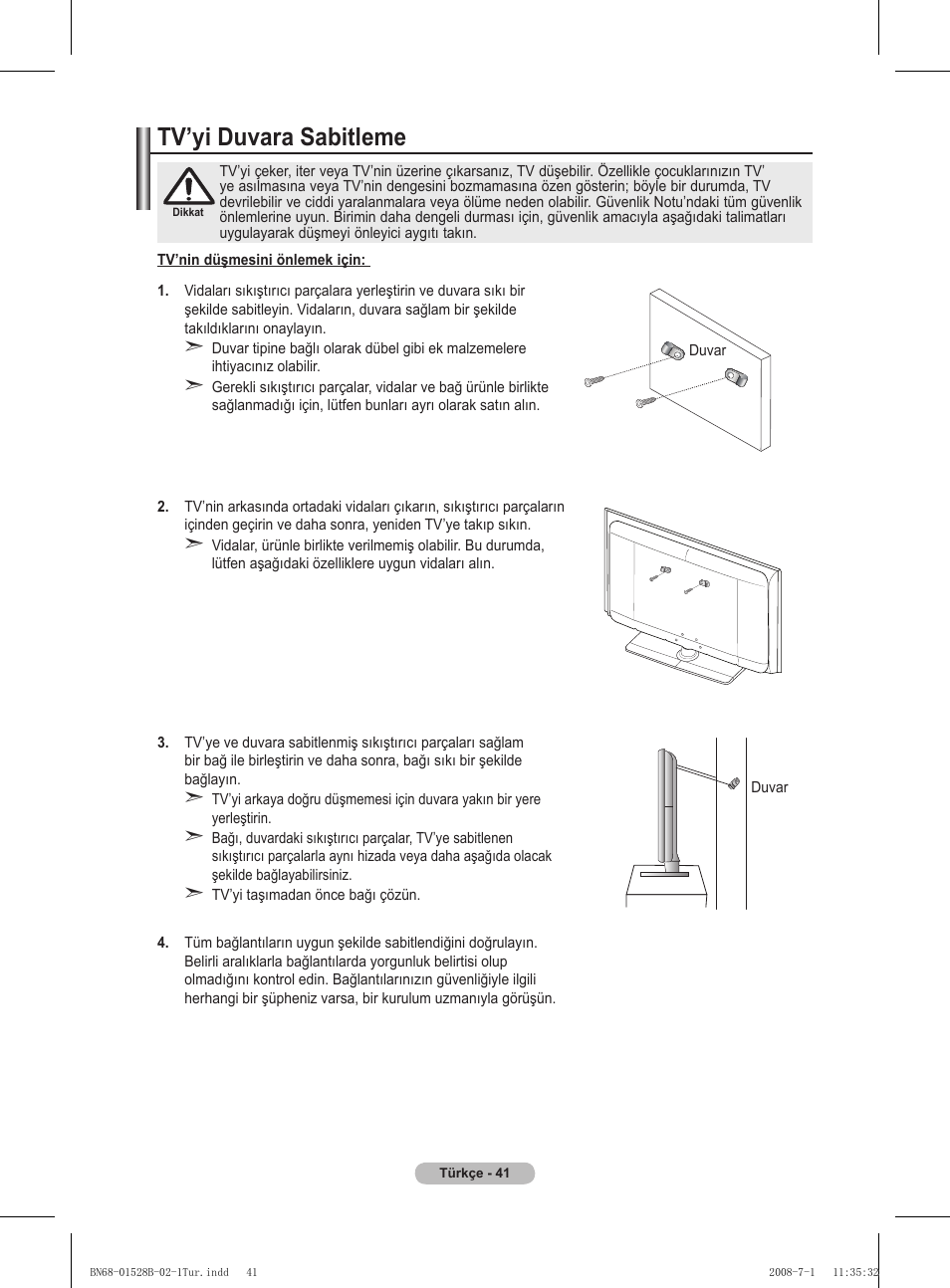 Tv’yi duvara sabitleme | Samsung BN68-01528B-02 User Manual | Page 128 / 427