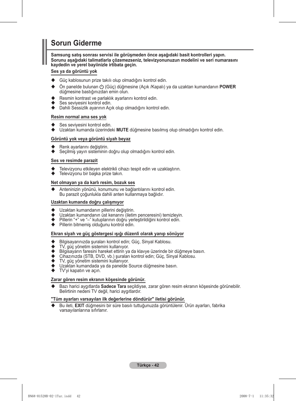 Sorun giderme | Samsung BN68-01528B-02 User Manual | Page 129 / 427