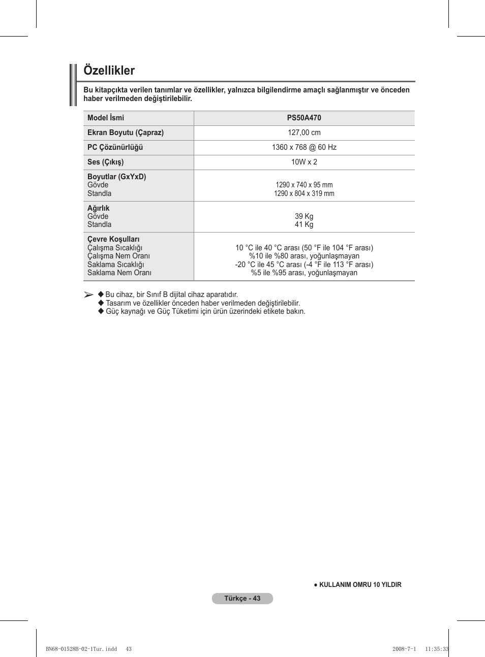 Özellikler | Samsung BN68-01528B-02 User Manual | Page 130 / 427