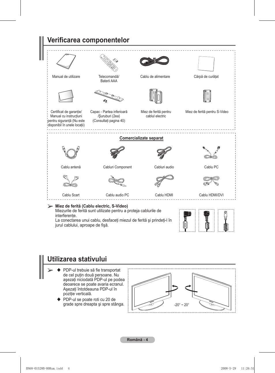 Verificarea componentelor, Utilizarea stativului | Samsung BN68-01528B-02 User Manual | Page 134 / 427