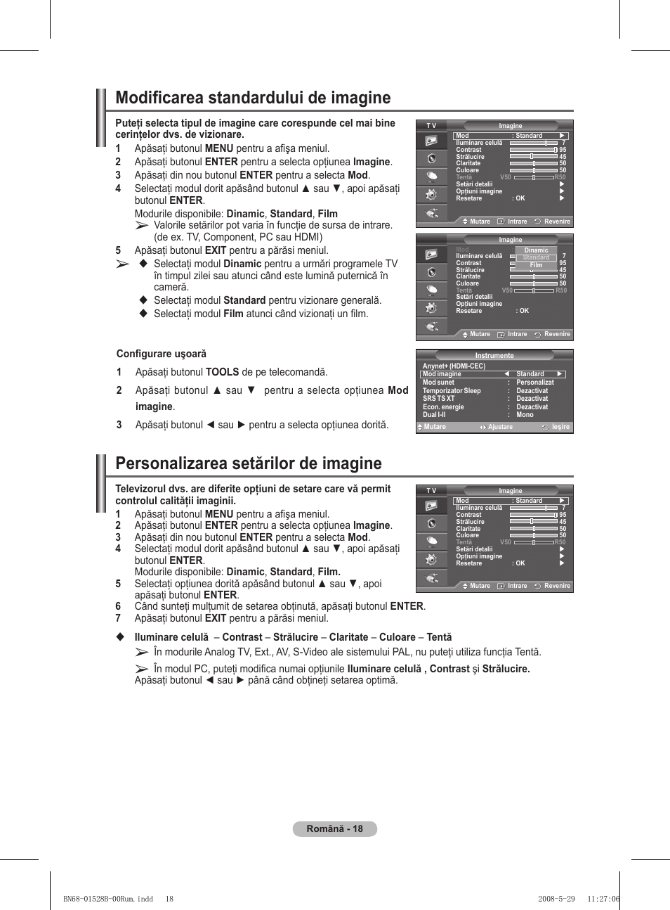 Personalizarea setărilor de imagine, Modificarea standardului de imagine | Samsung BN68-01528B-02 User Manual | Page 148 / 427