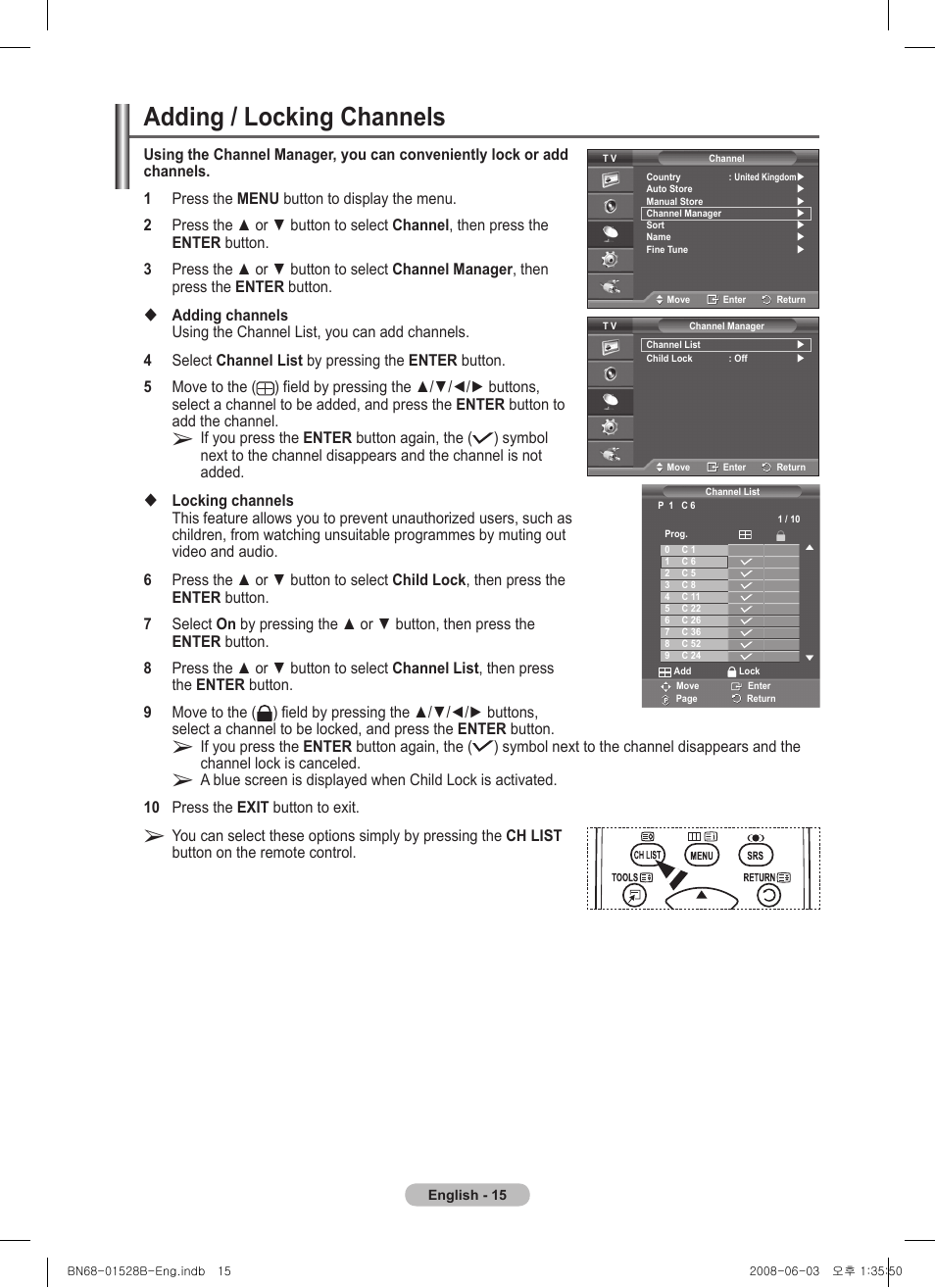 Adding / locking channels | Samsung BN68-01528B-02 User Manual | Page 15 / 427