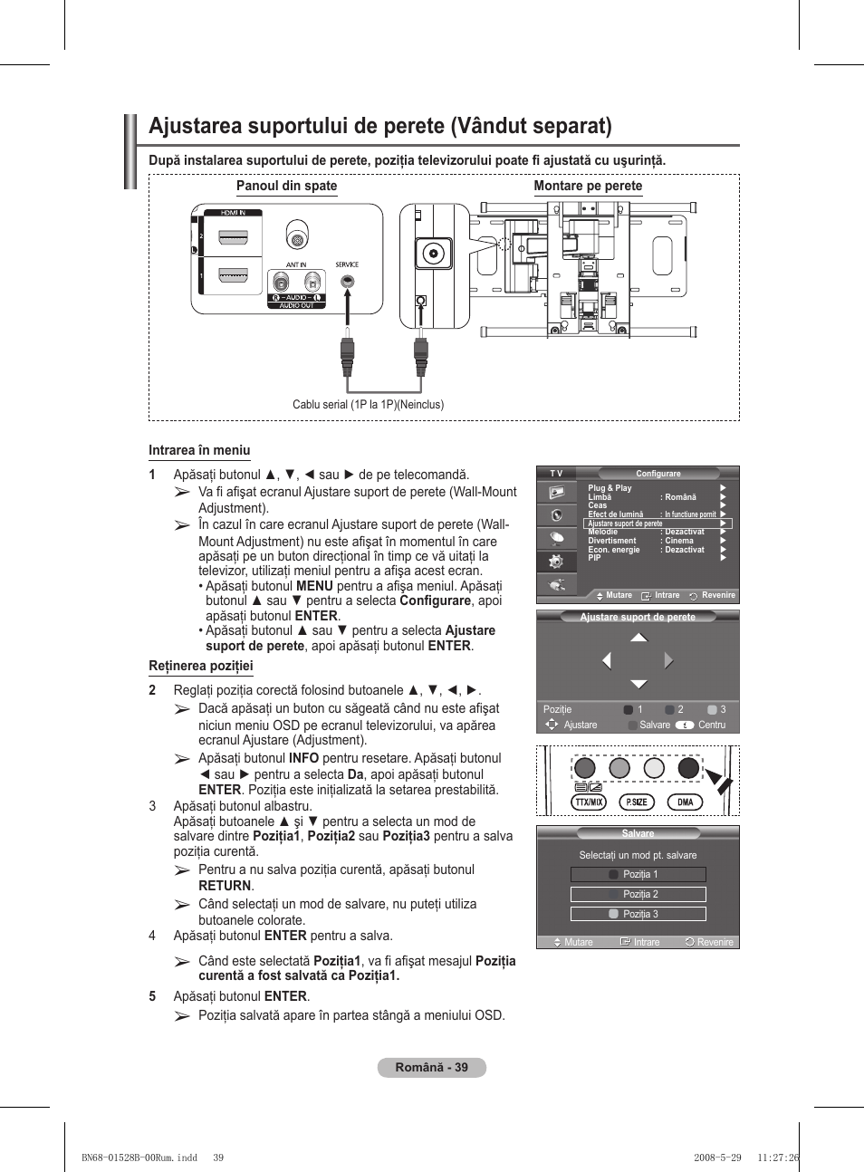 Ajustarea suportului de perete (vândut separat) | Samsung BN68-01528B-02 User Manual | Page 169 / 427