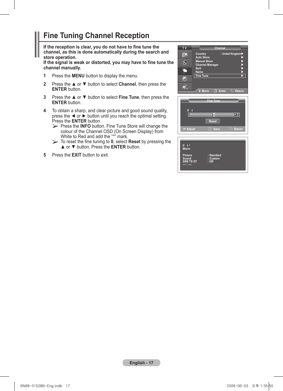 Fine tuning channel reception | Samsung BN68-01528B-02 User Manual | Page 17 / 427
