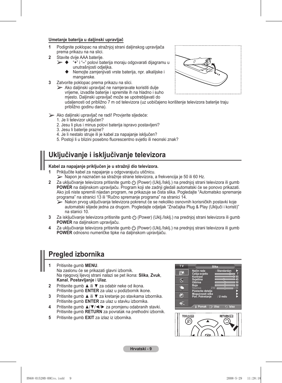 Uključivanje i isključivanje televizora, Pregled izbornika | Samsung BN68-01528B-02 User Manual | Page 225 / 427