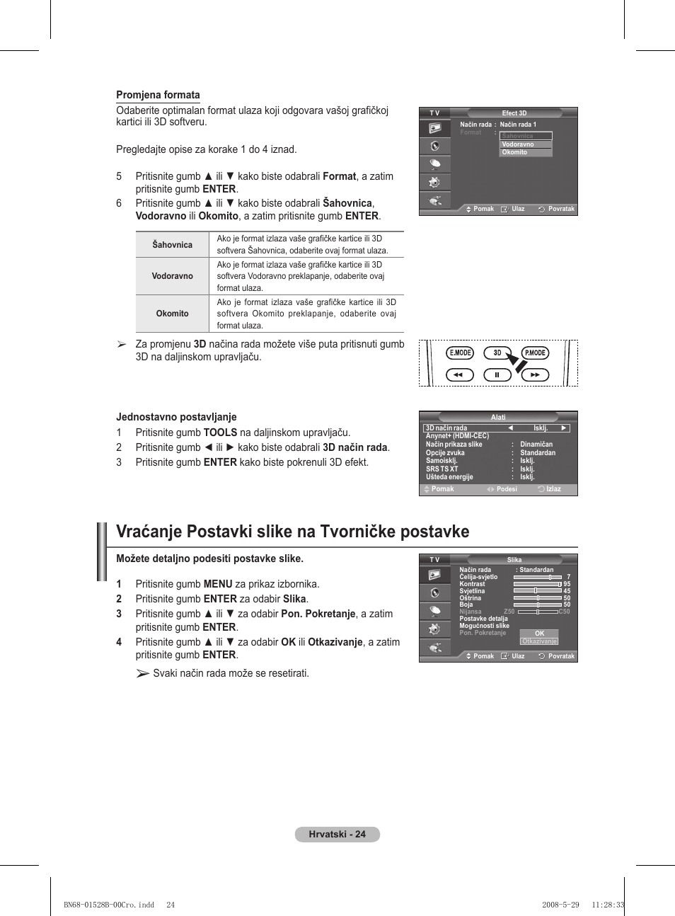 Vraćanje postavki slike na tvorničke postavke, Svaki način rada može se resetirati | Samsung BN68-01528B-02 User Manual | Page 240 / 427