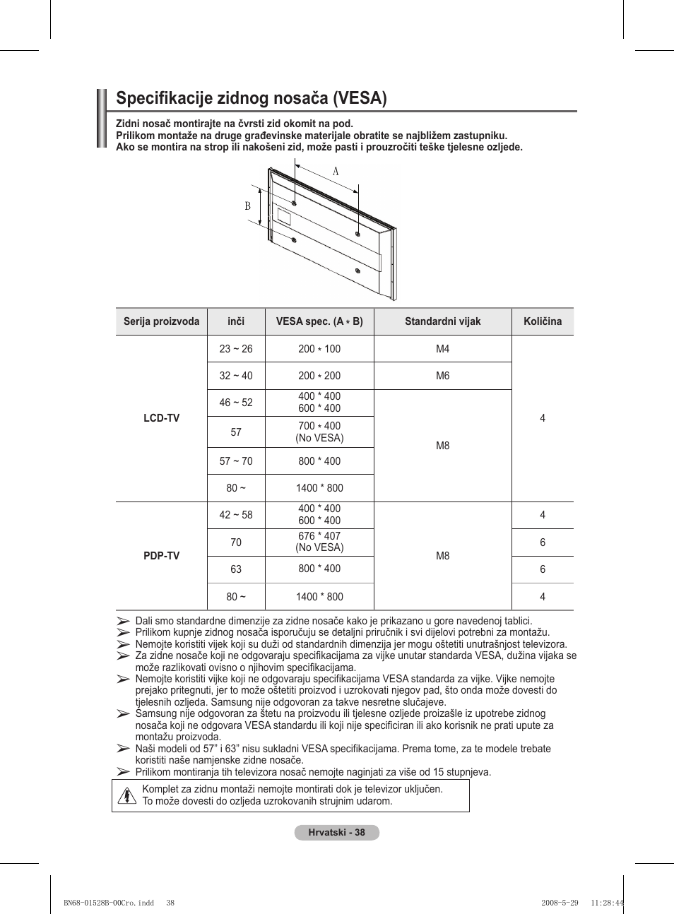 Specifikacije zidnog nosača (vesa) | Samsung BN68-01528B-02 User Manual | Page 254 / 427