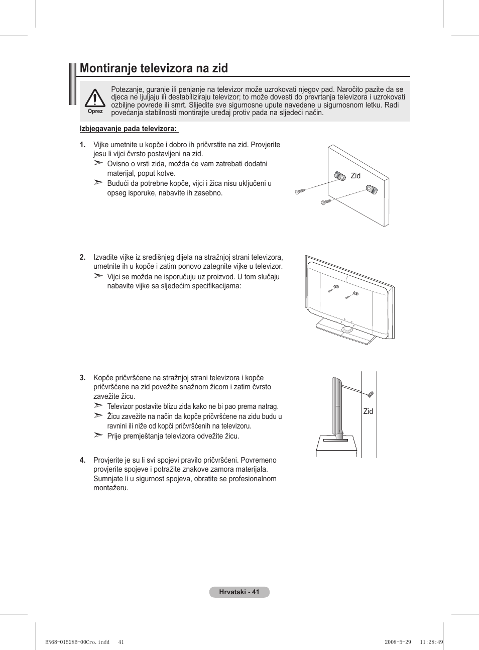 Montiranje televizora na zid | Samsung BN68-01528B-02 User Manual | Page 257 / 427