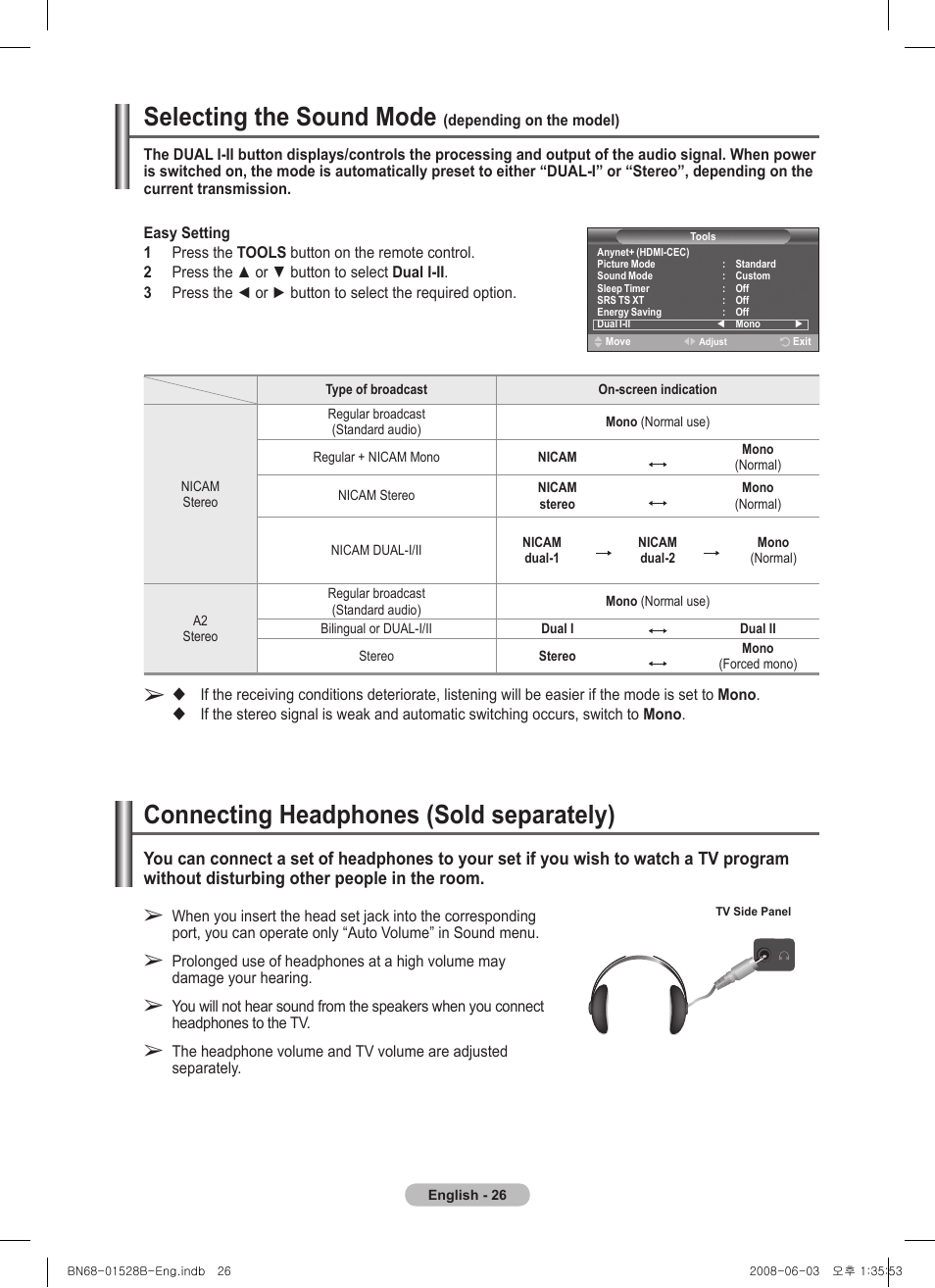 Selecting the sound mode (depending on the model), Connecting headphones (sold separately), Selecting the sound mode | Samsung BN68-01528B-02 User Manual | Page 26 / 427