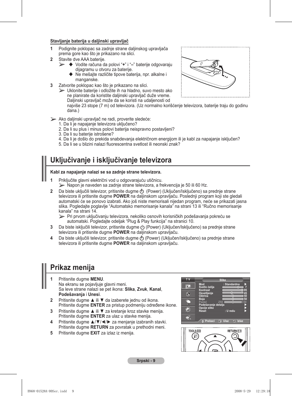 Uključivanje i isključivanje televizora, Prikaz menija | Samsung BN68-01528B-02 User Manual | Page 267 / 427