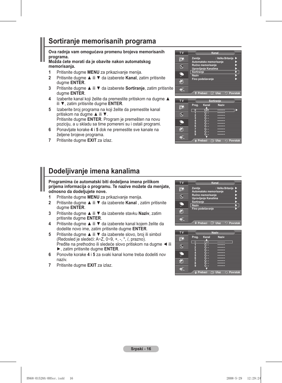 Dodeljivanje imena kanalima | Samsung BN68-01528B-02 User Manual | Page 274 / 427