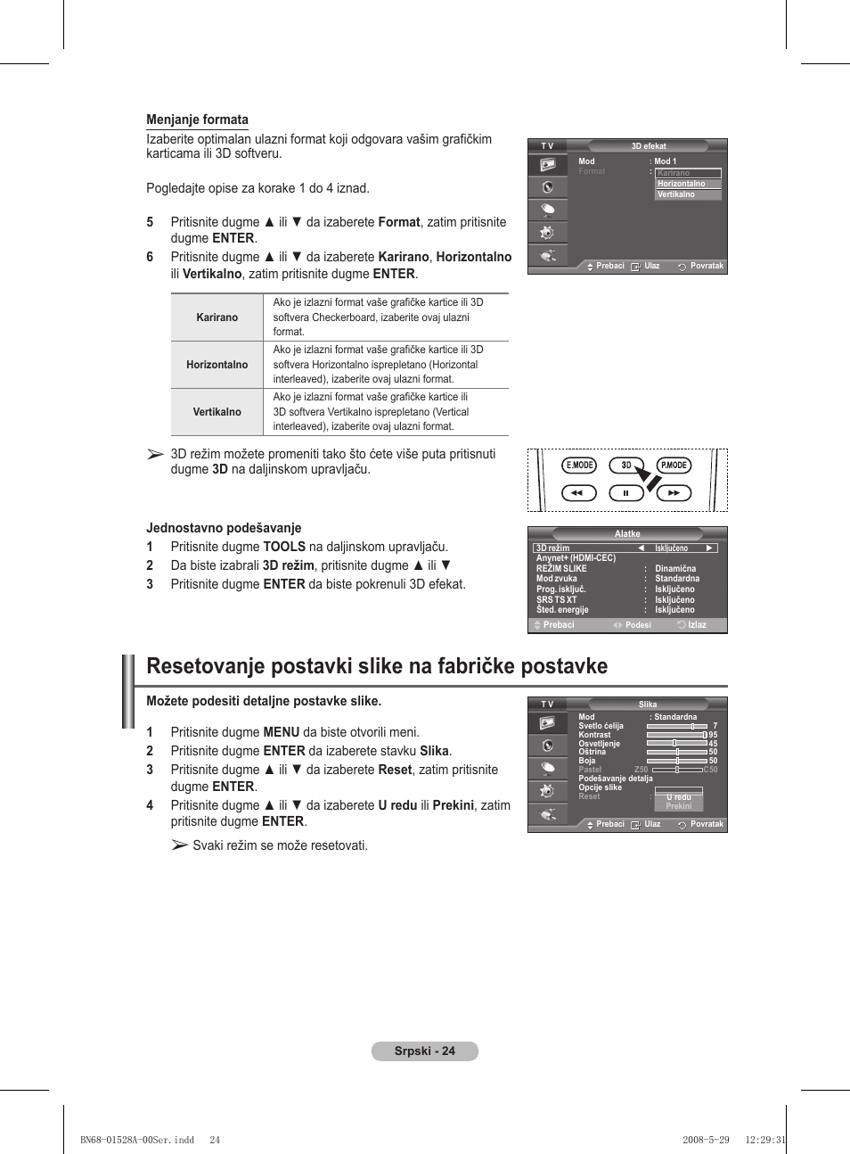 Resetovanje postavki slike na fabričke postavke, Svaki režim se može resetovati | Samsung BN68-01528B-02 User Manual | Page 282 / 427