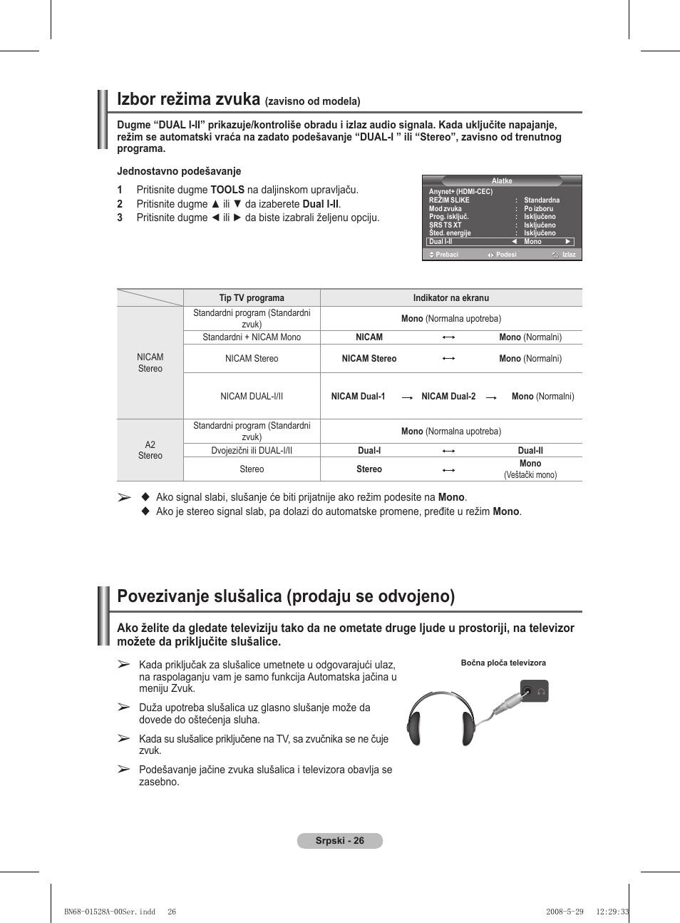 Izbor režima zvuka, Povezivanje slušalica (prodaju se odvojeno) | Samsung BN68-01528B-02 User Manual | Page 284 / 427