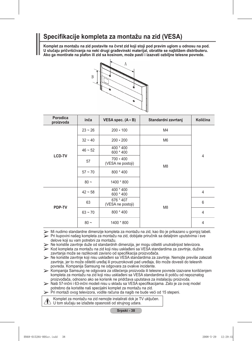 Specifikacije kompleta za montažu na zid (vesa) | Samsung BN68-01528B-02 User Manual | Page 296 / 427