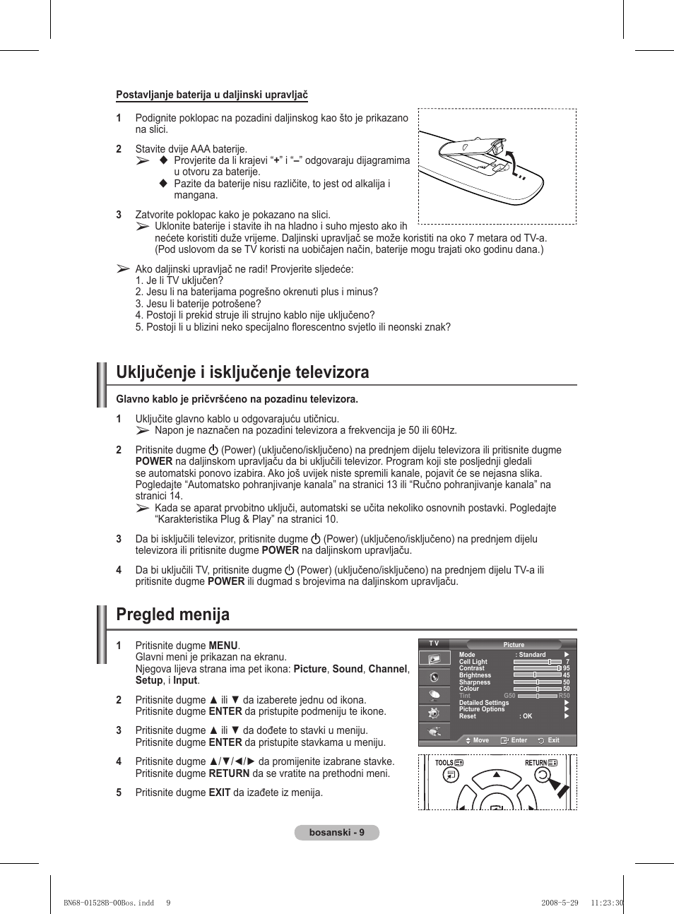 Uključenje i isključenje televizora, Pregled menija | Samsung BN68-01528B-02 User Manual | Page 309 / 427