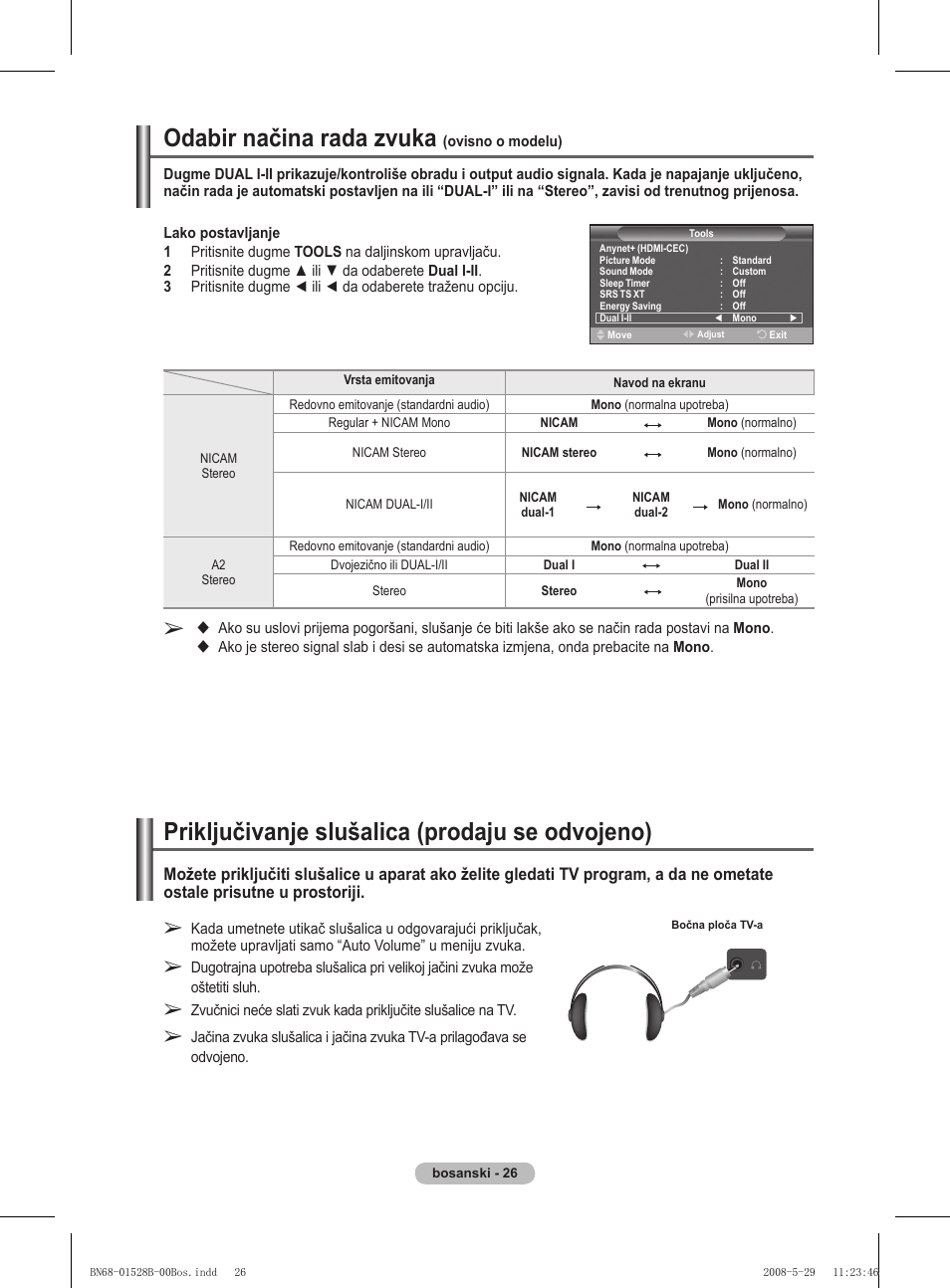 Odabir načina rada zvuka, Priključivanje slušalica (prodaju se odvojeno) | Samsung BN68-01528B-02 User Manual | Page 326 / 427