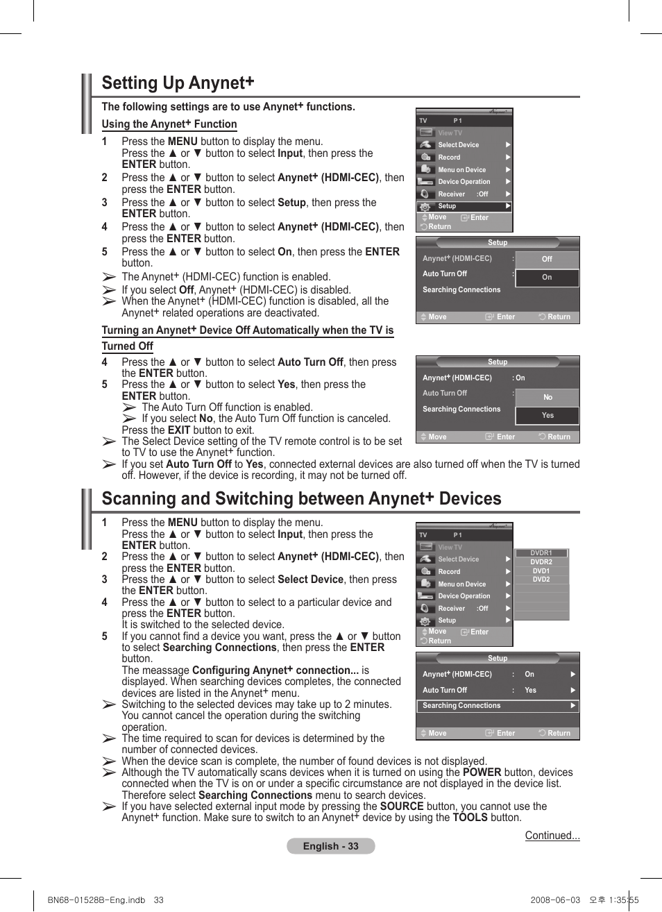 Setting up anynet, Scanning and switching between anynet+ devices | Samsung BN68-01528B-02 User Manual | Page 33 / 427