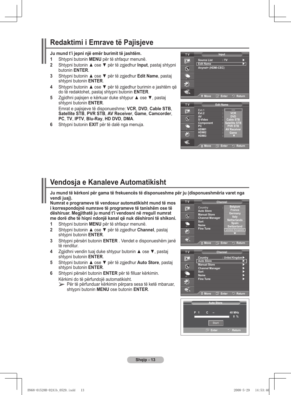 Redaktimi i emrave të pajisjeve, Vendosja e kanaleve automatikisht | Samsung BN68-01528B-02 User Manual | Page 355 / 427