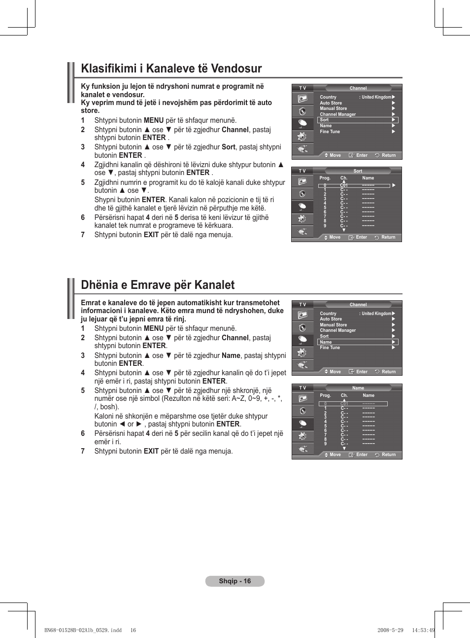 Klasifikimi i kanaleve të vendosur, Dhënia e emrave për kanalet | Samsung BN68-01528B-02 User Manual | Page 358 / 427