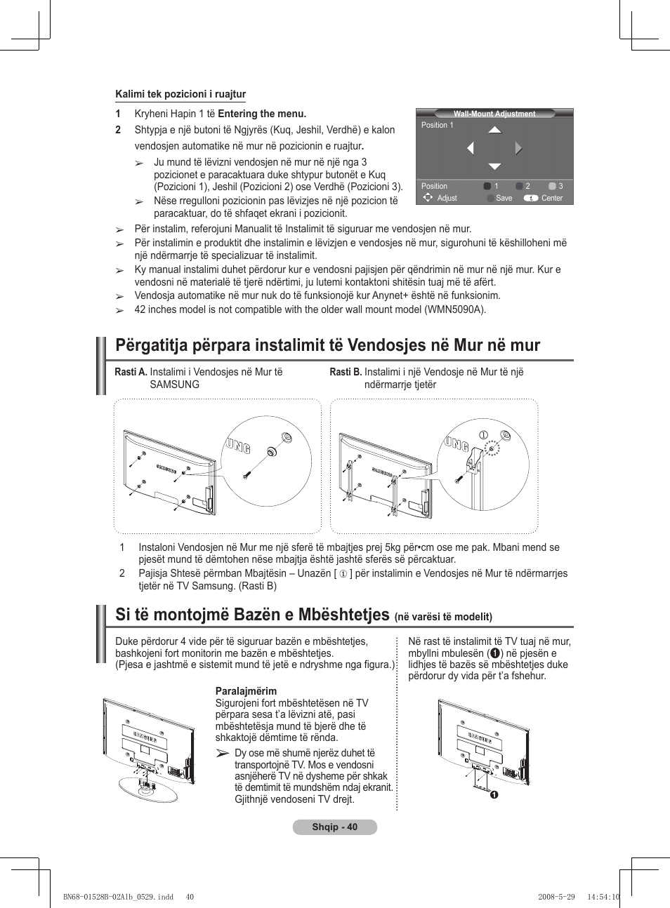 Si të montojmë bazën e mbështetjes | Samsung BN68-01528B-02 User Manual | Page 382 / 427